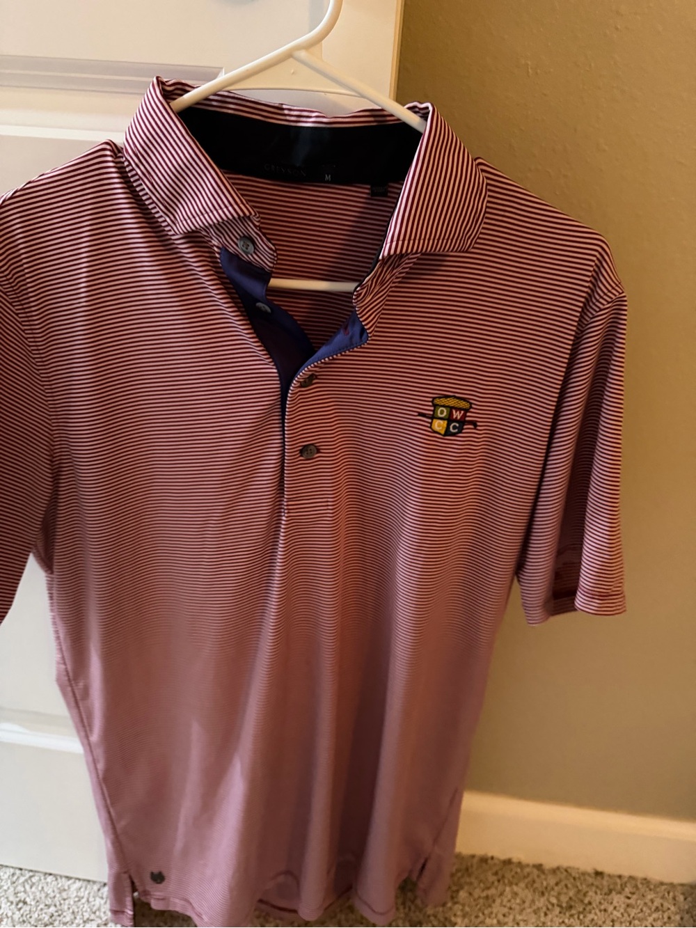 Greyson Red & White Thin-Striped Polo with Old Warson Logo